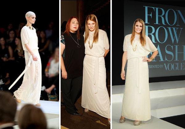 Left to right: the 'Anne' dress on the runway; Designer Lizzie Parker and Vogue's Anne Vincent; Vincent wearing the 'Anne' dress during Front Row Fashion.