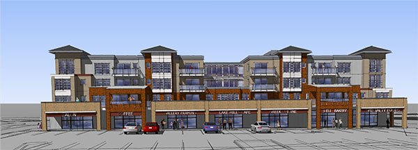 Rendering shows residential units atop a retail base at what is planned to be an urban-commercial village.