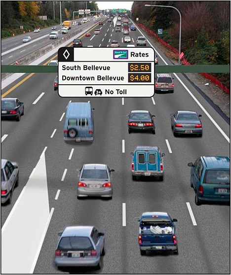 An artist rendition shows how signs would advise motorists about costs to use a proposed HOT lane on I-405.