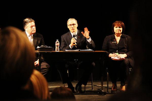 Gov. Jay Inslee explains part of his $2.3 billion proposed education spending plan during a town hall meeting held at Newport High School.