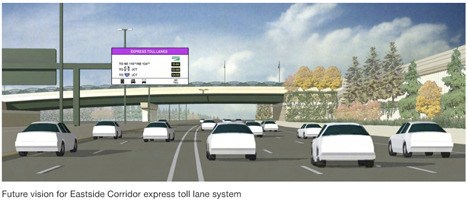 This rendering shows what HOT lanes (left) would look like on I-405 near Bellevue.