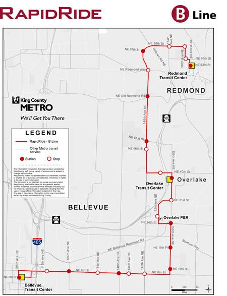 Proposed route of Metro's RapidRide B Line from Bellevue to Redmond.