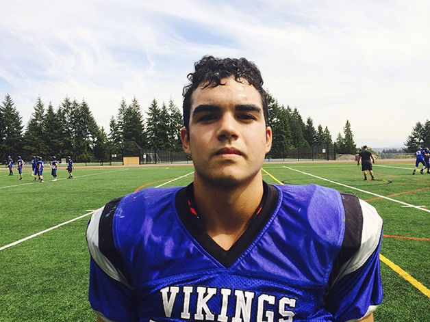 Bellevue Christian Vikings junior Christian Miller plays left tackle on offense and defensive end on defense. Bellevue Christian defeated Granite Falls 30-27 in the first game of the 2015 season on Sept 5. in Bellevue.