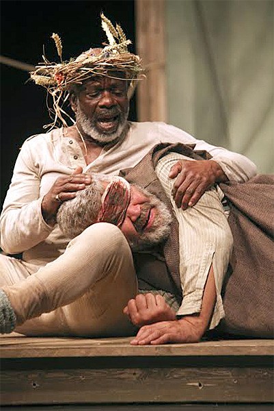 Lear (Joseph Marcell) holds Gloucester (Rawiri Paratene ) during a performance of the Globe On Tour production of 'King Lear.' The show runs Nov. 25