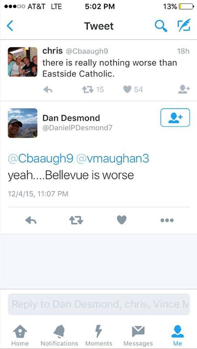 One of several tweets Bellevue P.E. teacher Dan Desmond sent out following Bellevue’s overtime loss to Eastside Catholic.