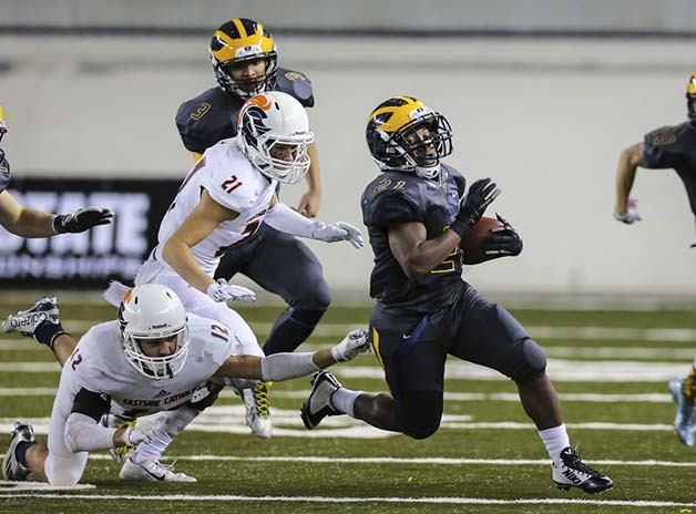 Bellevue running back Ercle Terrell had 33 carries for 227 yards and four rushing touchdowns in Bellevue’s 48-42 loss to the Eastside Catholic Crusaders in the Class 3A state championship game on Dec. 4 at the Tacoma Dome.