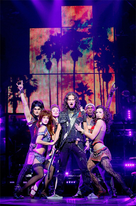 Constantine Maroulis as Drew and the Broadway cast of 'Rock of Ages.'