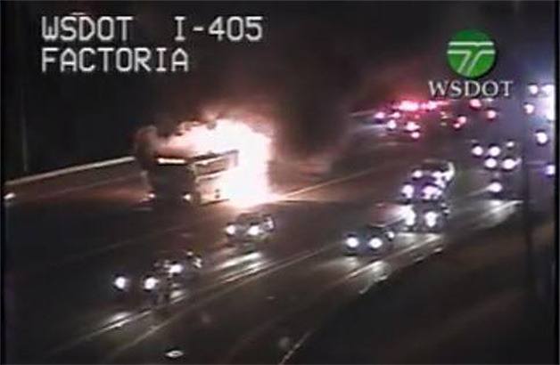 An image of the early morning Sound Transit bus fire on I-405 near Factoria. No one was seriously injured. The incident delayed traffic on I-405 throughout the morning of Oct. 14.