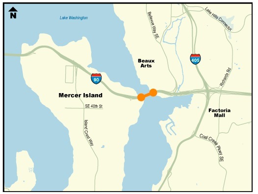 Westbound I-90 will be reduced to one lane across the East Channel Bridge from 9:30 p.m. today through 5 a.m. Friday