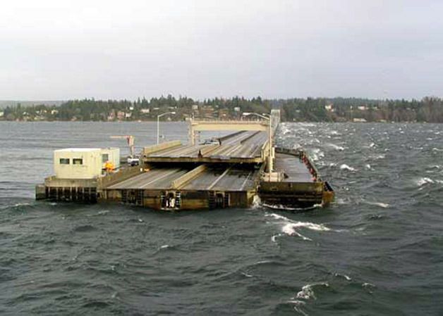 The State Route 520 bridge open during a storm in 2006