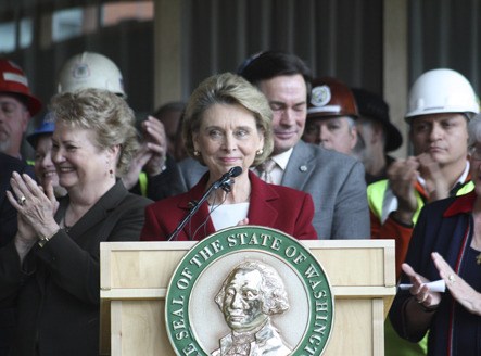 Gov. Christine Gregoire addressed a crowd at Bellevue City Hall Tuesday morning before signing several new bills.