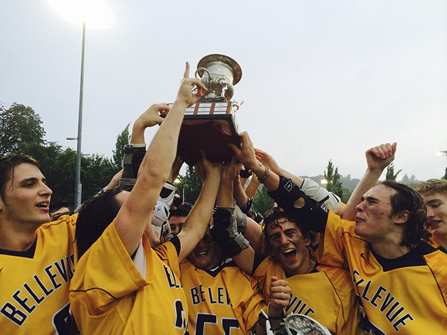 Bellevue Wolverines players celebrate after defeating the Eastside Catholic Crusaders 7-6 in the Washington Lacrosse boys Division 1 championship game on May 28 in Tukwila. It was the Wolverines fourth lacrosse state title in the past five seasons.