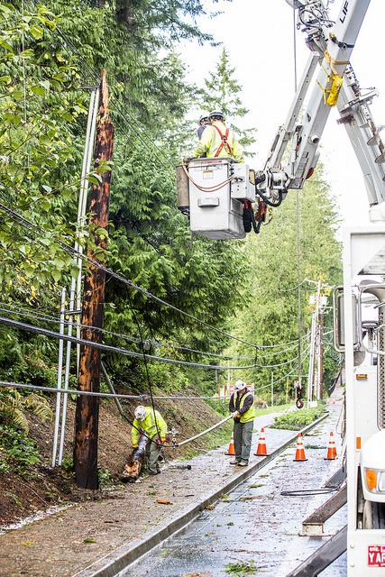 PSE crews work to restore power in the area of 244th Avenue Northeast and Northeast 16th Place in Sammamish on Sunday