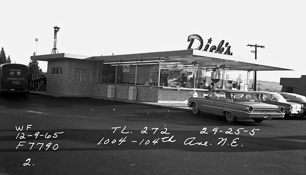 This photo shows the Dick's Drive-In that opened near the southeast corner of Bellevue Way and NE 10th Street in 1965. The restaurant closed in 1973.