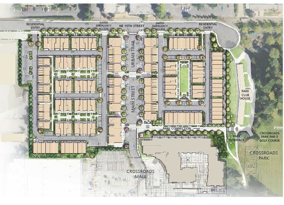 This rendering shows what Intracorp plans its Crossroads Village mixed-use residential to look like when it is constructed at the former Haggen grocery site.