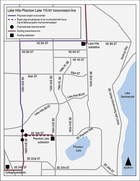 This map shows the route Puget Sound Energy has selected for running another transmission line from the Phantom Lake to Lake Hills substations.