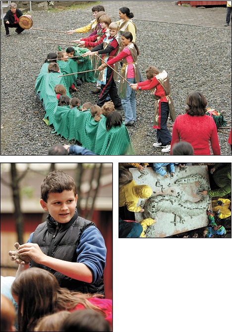Top: 'Knights' (grade 6) tame the 'Dragon' (grade 3). Left: A student shapes clay for the dragon sculpture. Right: All of the grades participate in sculpting an enormous dragon that was ceremoniously crushed at the end of the day. The clay is later reformed into new projects