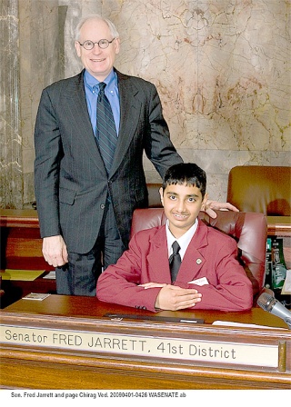 Serving in Olympia Chirag Ved of Bellevue spent a week serving in the Senate Page Program. Each week selected students from across Washington come to Olympia to learn about the legislative process and help the Senate run smoothly. “I thought before that on the floor that all Republicans agree on one point of view and the Democrats believed in one point of view. But actually they agree on a lot of things