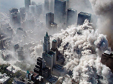 A new aerial of the Sept. 11 terrorist attack on the World Trade Center buildings.