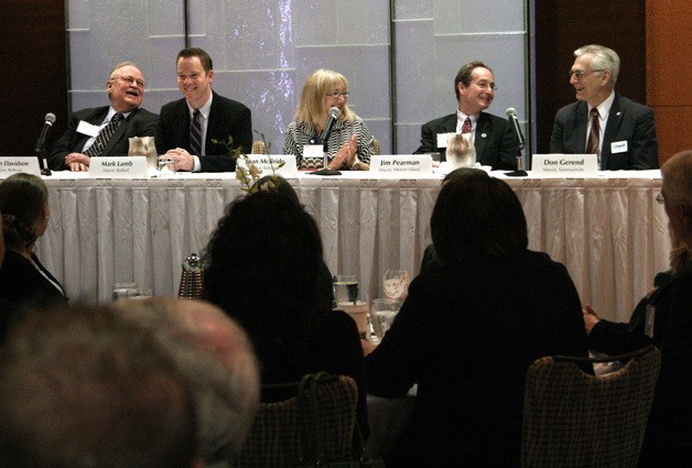 Five Eastside mayors met to discuss issues of Light Rail and business at a forum in Bellevue June 16. From the left