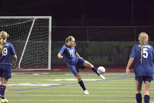 Bellevue Wolverines defender Corinne Foster clears the ball in the defensive backfield during a game earlier this season.