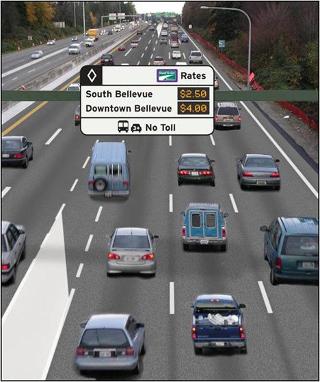 This visualization shows the type of two-lane express toll lane that WSDOT is considering for I-405.