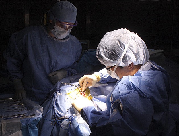 Dr. Trac Duong makes an incision before drilling and inserting a cochlear implant behind Rebekah Edelman's right ear on Friday