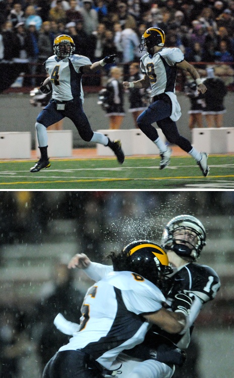 Top: Wolverine RB Sean Coley (4) is escorted into the endzone by teammate Joe Joe Conner after an 80-yard touchdown from the first play of scrimmage against Glacier Peak at Snohomish on Saturday.  Below: Wolverine LB John Kanongata'a (6) hurries a pass by the Glacier Peak quarterback en route to a 34-7 Bellevue victory.