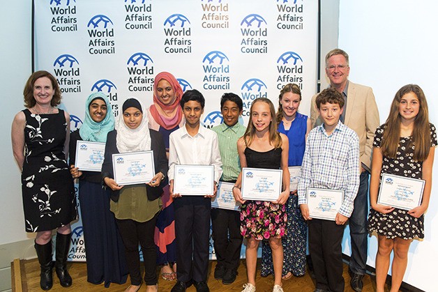 The winners of the 2014 World Citizens essay contest. Odle Middle School's Anirudh Prakash is fifth from the left.