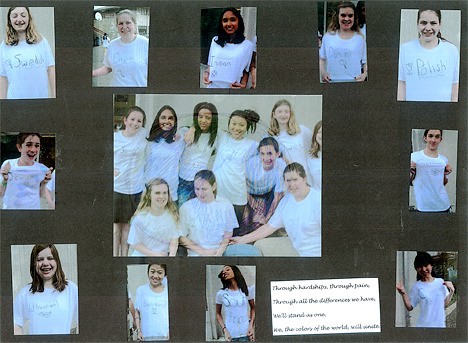 Students at Forest Ridge School of the Sacred Heart pose with T-shirts that list their primary heritage.