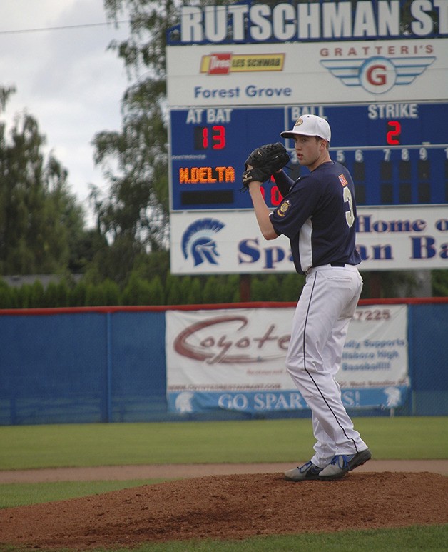 Interlake's Nate Wehner works during his perfect game effort for Bellevue Phiten