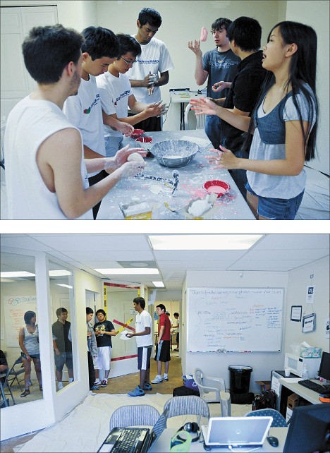 Top: Students perform a hands-on experiment with water and corn starch at StudentRND in Bellevue on Thursday