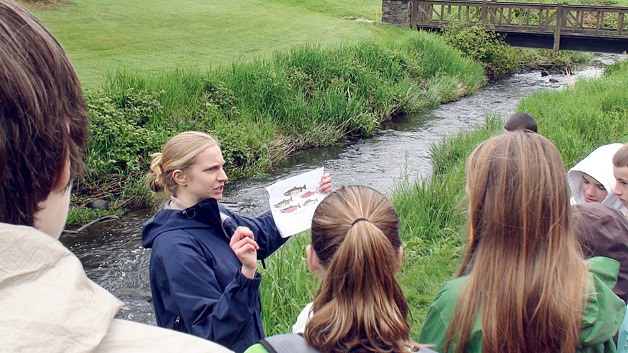 Melani Baker from Nature Vision identifies the type of salmon that spawn in Kelsey Creek.