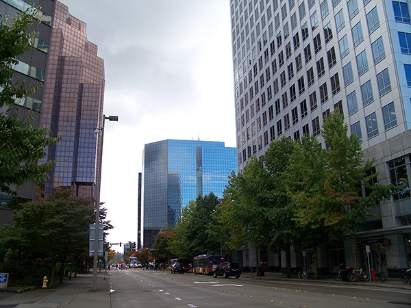 Office buildings tower over 108th Ave N.E. in Bellevue.