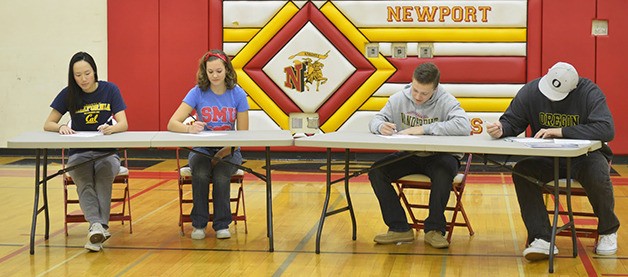 Four Newport Knights senior student athletes signed a letter of intent to compete in collegiate athletics on Feb. 4 in the Newport High School gymnasium. Marianne Li (golf) committed to the University of California (Berkeley)