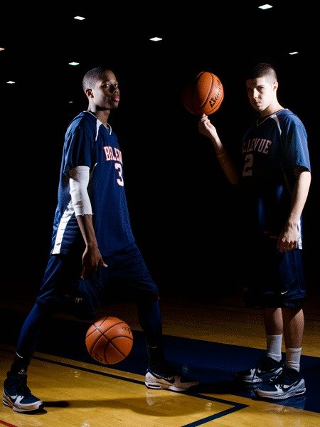 Captains Marcus Tibbs (left) and Jordan Starr are pacing the Bellevue College mens basketball team this season.