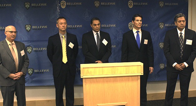 Five former finalists for Bellevue police chief speak to the media on Oct. 24. From left