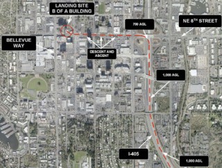 The red-dotted line in this image shows the expected flight path for helicopters that would use a proposed helipad at the Bank of American building in downtown Bellevue. A sound test will take place May 2 at 3 p.m.