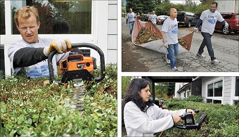 Top left: Bellevue resident Chris Barry uses power shears to trim hedges during a Day of Caring at Encompass
