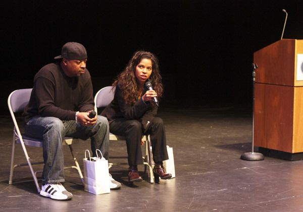 Chuck D. and Dr. Gaye Theresa Johnson answers questions following their presentation at Bellevue College on Thursday