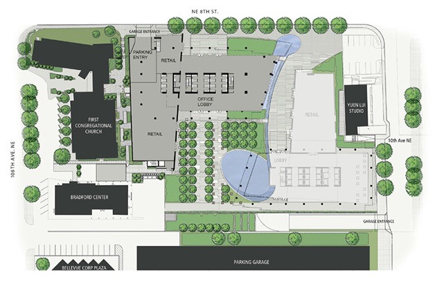 This rendering shows the layout for the Bellevue Center and where Bellevue Center 2 is planned for construction to the right.