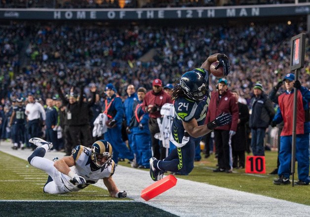 Marshawn Lynch was ruled out of bounds inside the one-yard line on this run and will be a key force as the team travels to Washington D.C. for the Wildcard round of the NFC playoffs.