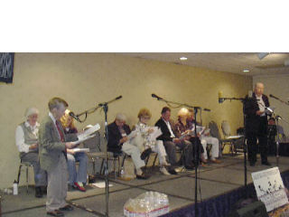 Voice actor Richard Beals (left) and Jim French (right) go over their scripts during a recreation of the Great Gildersleeve radio show.