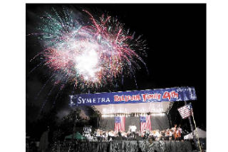 Fireworks dance above the Bellevue Philharmonic Orchestra during last year’s Independence Day celebration at Bellevue Downtown Park