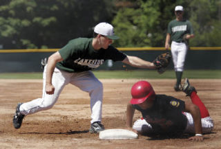 Lakeside first baseman Will Pierce stretches for the ball as Red Lion’s Cody O’Neill slides back to the base Sunday