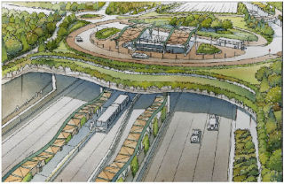 An artist’s rendering shows how part of Highway 520 on the Eastside could be lidded with parks and transit options.