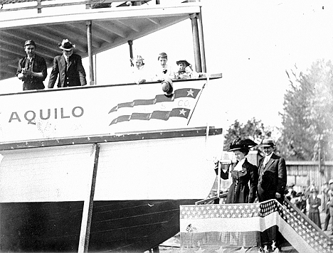 The launching of the Aquilo in 1909. John Anderson is on the platform at right.