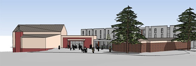 This design rendering shows how a 58-unit affordable housing complex will fit in behind  St. Luke's Lutheran Church.
