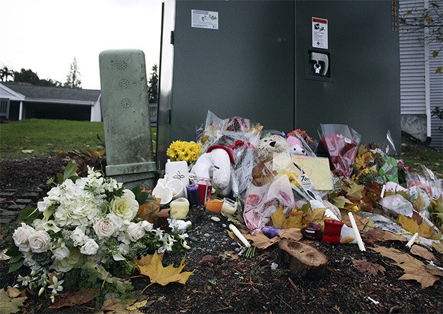 Flowers and stuffed animals were left at a makeshift memorial at the scene of the Nov. 12 crash that killed Lindsay Hill.