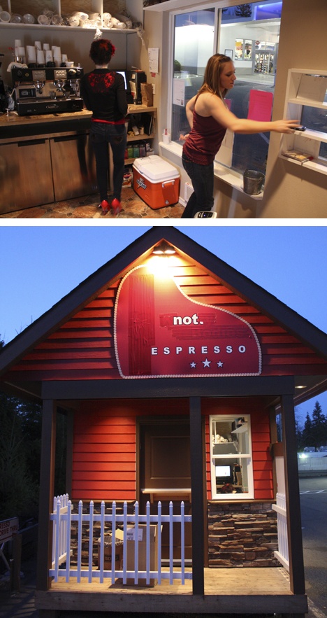 Top: Baristas at the Knotty Bodies Espresso stand are no longer wearing bikinis or lengerie. Bottom: The Knotty Bodies sign